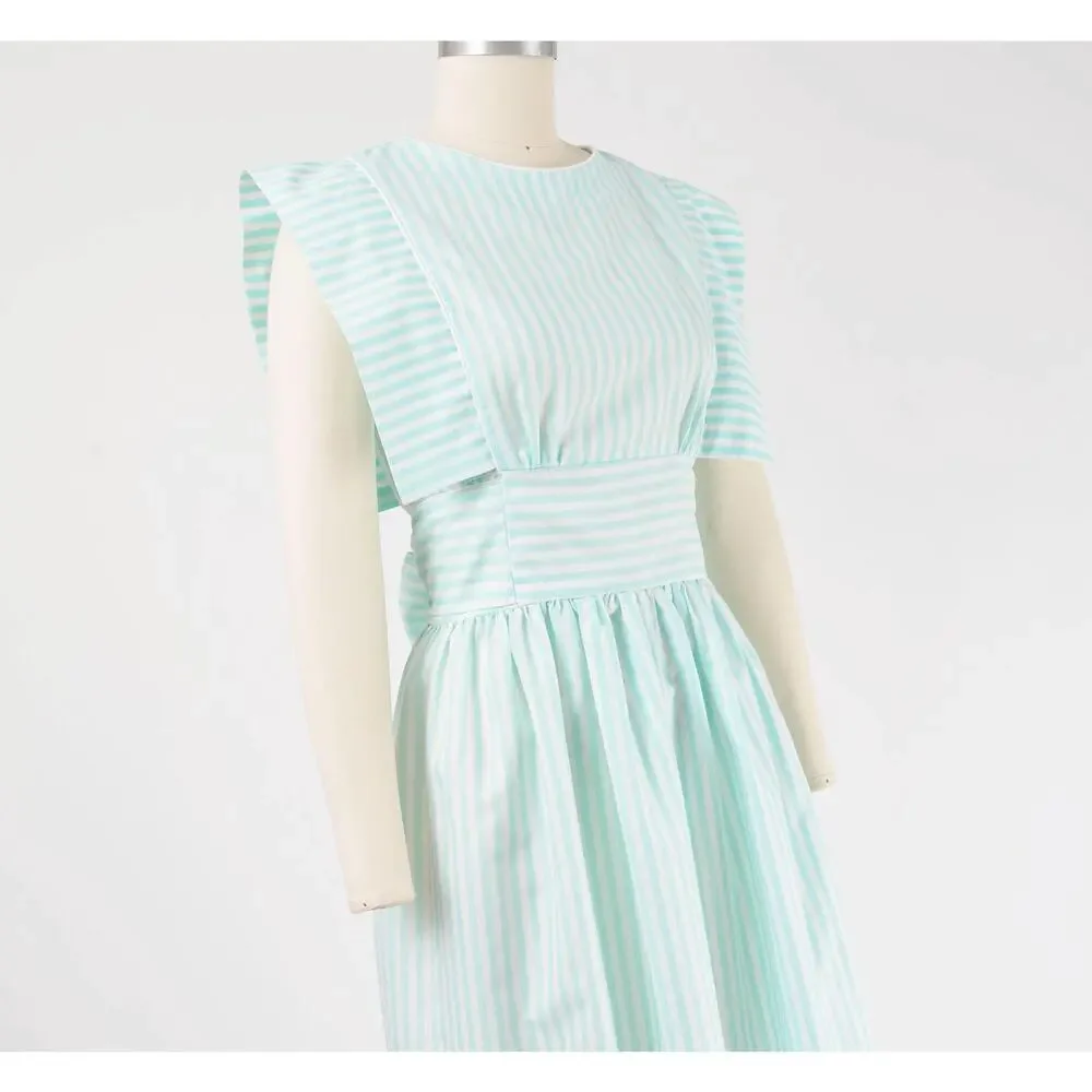 Vintage 80s Pastel Striped Dress Aqua White Cotton Blend Midi Sundress Bow S